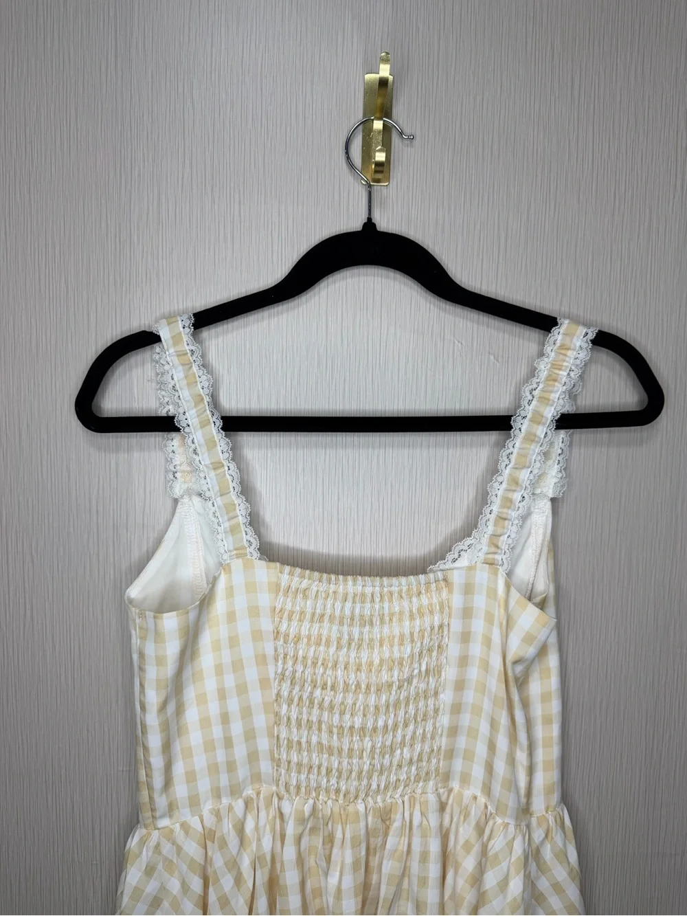 Yellow Gingham Mini Dress M Smocked Back Cottagecore Coquette Babydoll Summer
